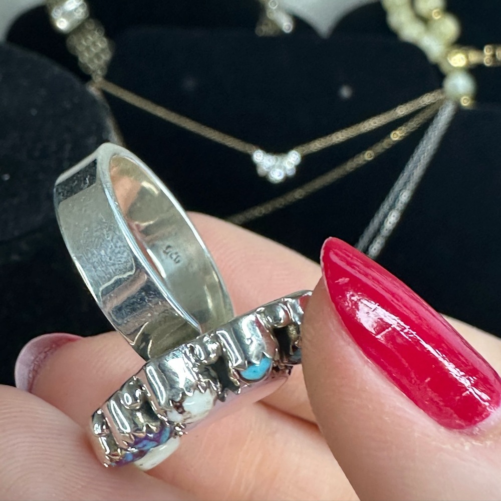 Sterling Silver Pink Conch & Composite gemstones half flower Ring Sz 6.5 adj - Picture 14 of 14